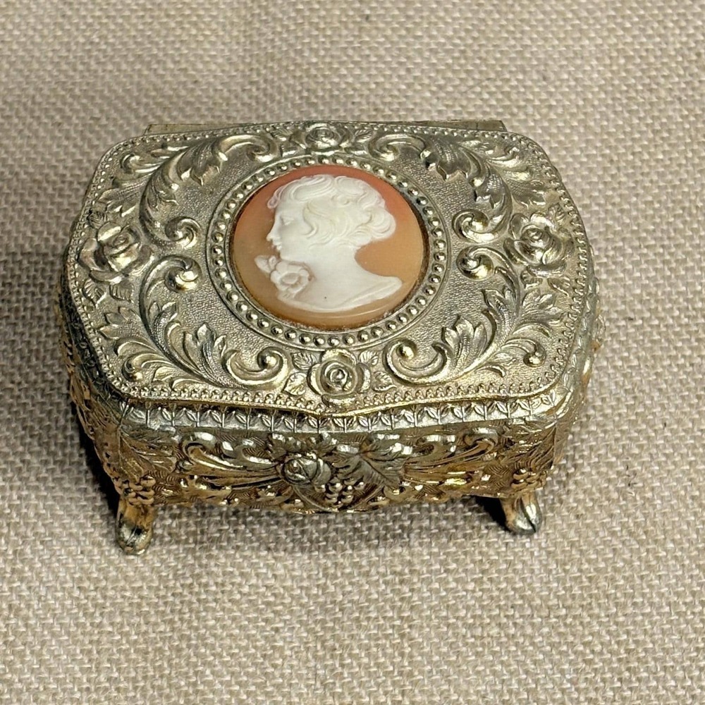 Vintage Japan Gold Filigree Cameo Footed Jewelry Box
